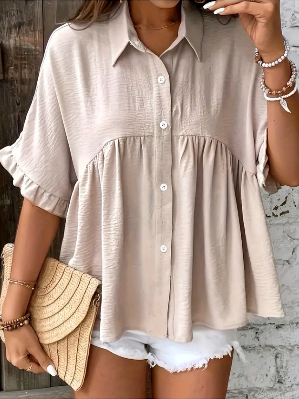 Women’s Button-Front Smocked Peplum Top — Beige